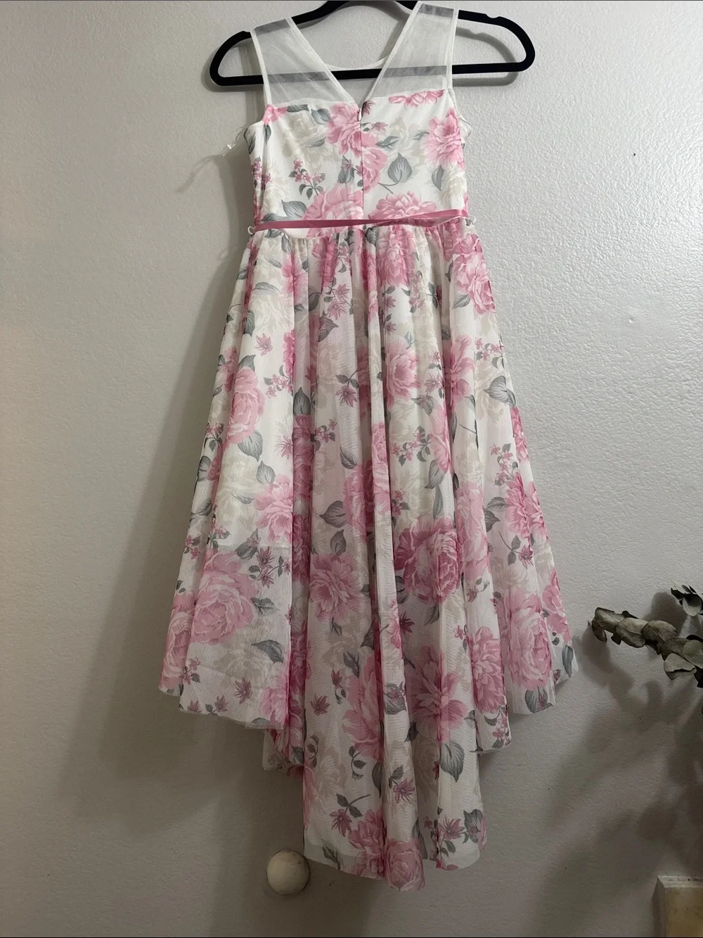 Beautees- Girls' White and Pink Floral High-Low Formal Dress with Satin Belt /10
